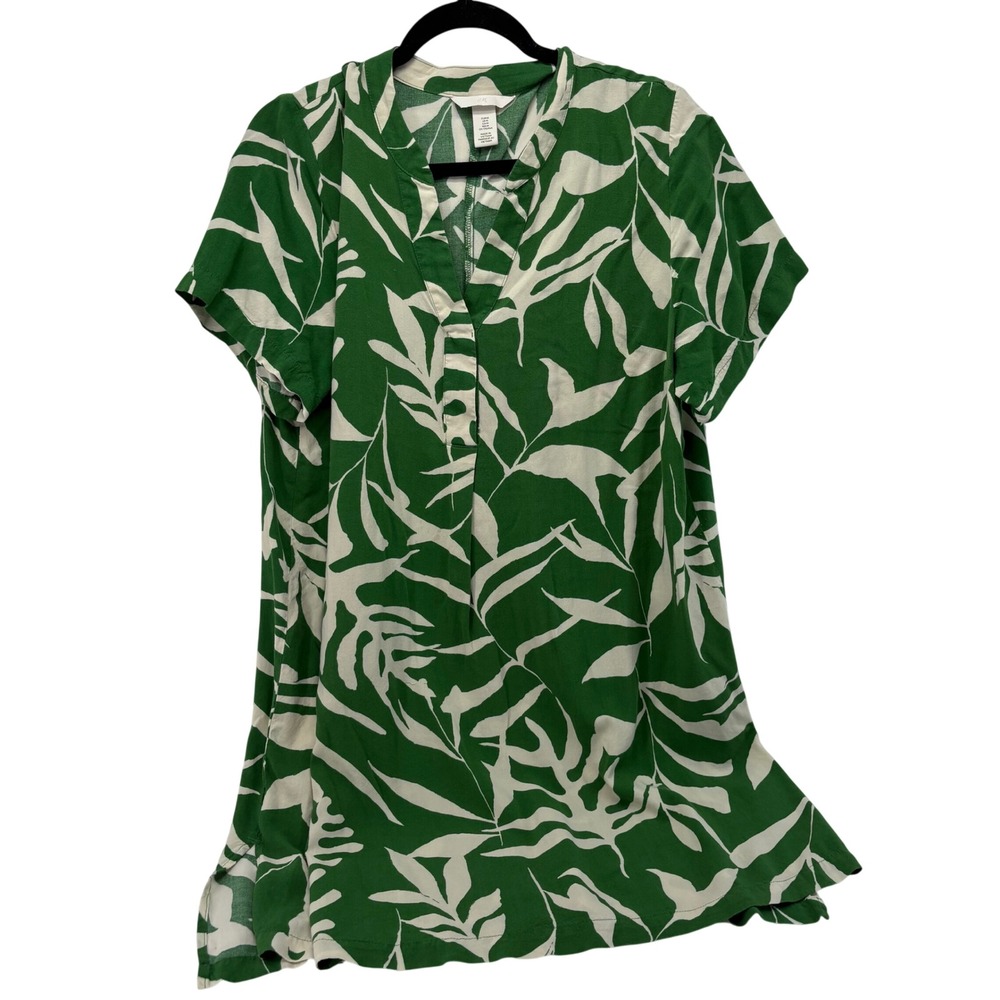 HM Green White Tropical Leaf Print Viscose Tunic Dress Women Medium Short Sleeve